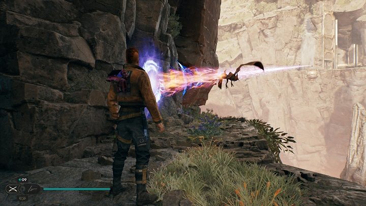 Grab the flying creature and fly to the ledge below (the area where you pointed the beam earlier) - Jedi Survivor: Devastated Settlement - list of secrets (part 2) - Koboh - Star Wars Jedi Survivor guide