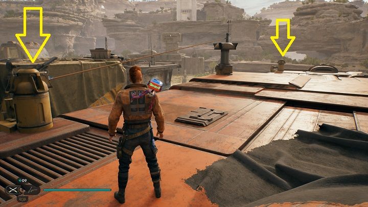 Climb to the roof of the building where you've found the new weapon - use the boxes near the exit - Jedi Survivor: Ramblers Reach Outpost - list of secrets (part 2) - Koboh - Star Wars Jedi Survivor guide