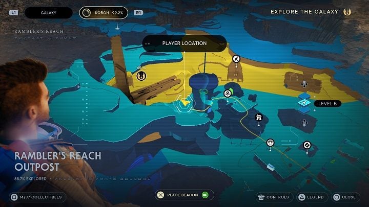 Climb the vines in front of you and start moving along them, then drop to the ledge after a while - Jedi Survivor: Ramblers Reach Outpost - list of secrets (part 1) - Koboh - Star Wars Jedi Survivor guide