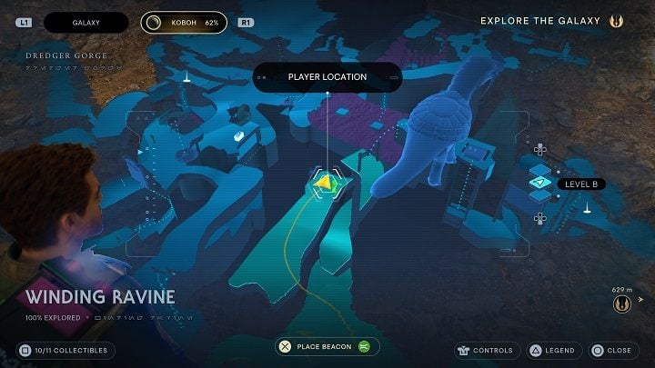 Get to the second platform by scaling a chasm and follow the path down - Jedi Survivor: Winding Ravine - list of secrets - Koboh - Star Wars Jedi Survivor guide