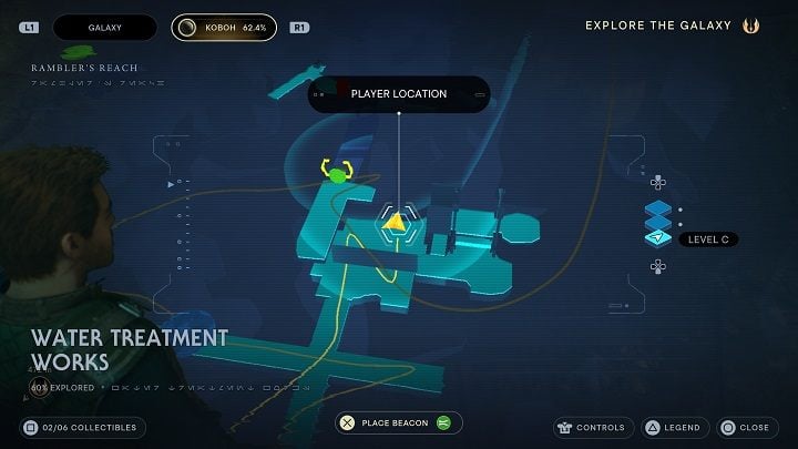 In the next area, accessible from the first hatch, you'll encounter the first databank of this zone - look for a scannable tank in the corner of the room shown on the map - Jedi Survivor: Water Treatment Works - secrets - Koboh - Star Wars Jedi Survivor guide