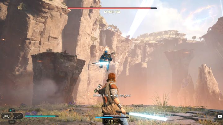 The boss uses a jet pack and can fly above the arena - Jedi Survivor: How to defeat the boss Korej Lim? - Bosses - Star Wars Jedi Survivor guide