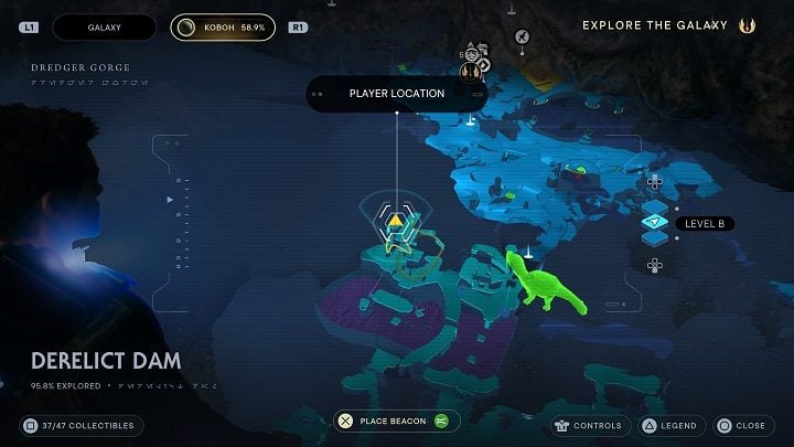 In the location where you found the orb used to eliminate the Koboh matter, there are walls that you can jump on to the ledge above - Jedi Survivor: Derelict Dam - list of secrets, part 3 - Koboh - Star Wars Jedi Survivor guide