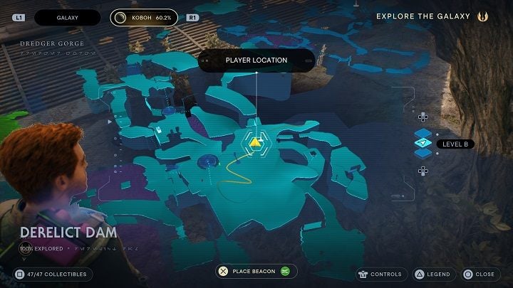 To the right of the aforementioned elevator, but slightly lower you can see a Scavenger Droid - Jedi Survivor: Derelict Dam - list of secrets, part 3 - Koboh - Star Wars Jedi Survivor guide
