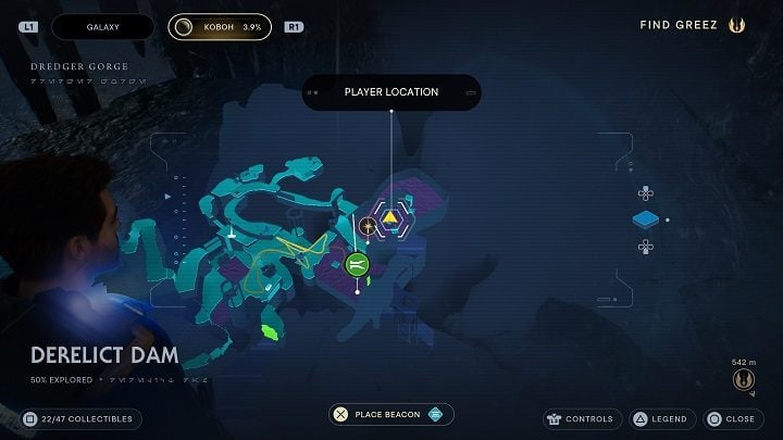 Another shard is located on a newly exposed islet, which you can jump onto - on the way to the chest with the mullet hairstyle - Jedi Survivor: Derelict Dam - list of secrets, part 2 - Koboh - Star Wars Jedi Survivor guide