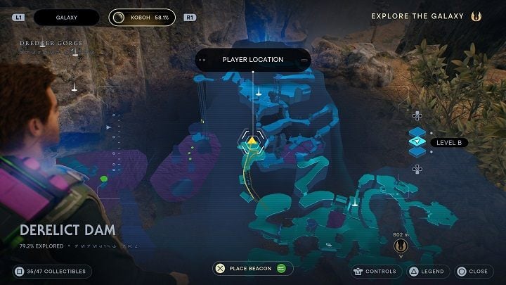 Across from the last collectible, you will find an essence that will give you a great deal of experience - Jedi Survivor: Derelict Dam - list of secrets, part 2 - Koboh - Star Wars Jedi Survivor guide