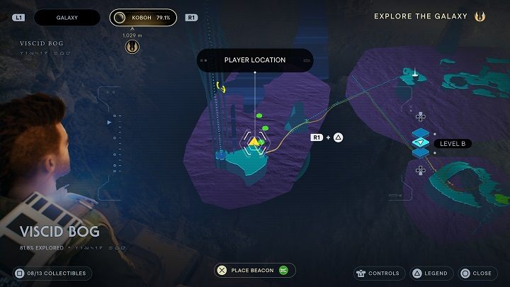 Once you're on land, head to the right and you'll see a platform to raise in the swamp - Jedi Survivor: Viscid Bog - list of secrets - Koboh - Star Wars Jedi Survivor guide