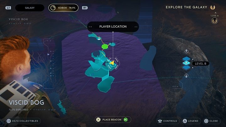 Leave the tunnel and, being outside, use the grappling hook to get to the top - above the last secret - Jedi Survivor: Viscid Bog - list of secrets - Koboh - Star Wars Jedi Survivor guide