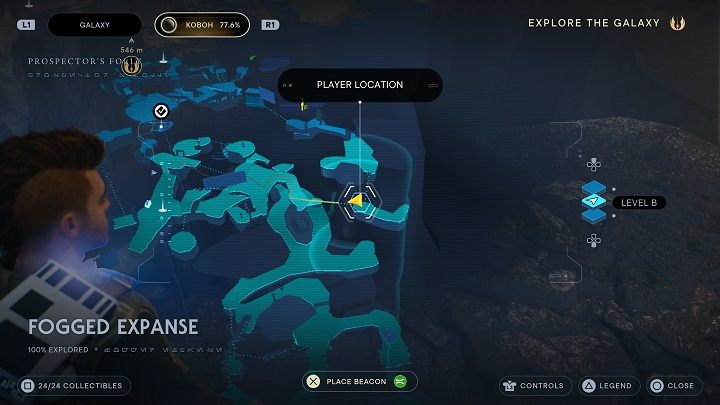 Then go straight until you reach the edge, which you can get to using a grappling hook - Jedi Survivor: Marl Cavern - list of secrets - Koboh - Star Wars Jedi Survivor guide