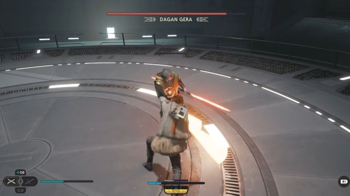The tactic for defeating the boss is identical to other similar fights - parry as many regular attacks as possible to deplete the white stamina bar gradually - Jedi Survivor: How to defeat the Dagan Gera boss in the Forward Control Tower? - Bosses - Star Wars Jedi Survivor guide