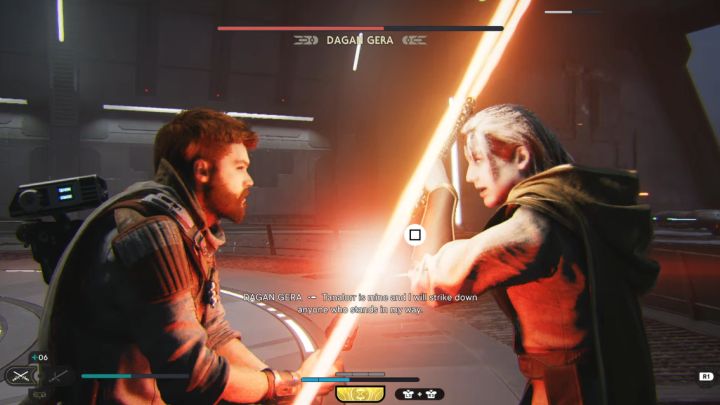 During the duel, you may have a lightsaber clash - press the attack button visible on the screen rapidly - Jedi Survivor: How to defeat the Dagan Gera boss in the Forward Control Tower? - Bosses - Star Wars Jedi Survivor guide