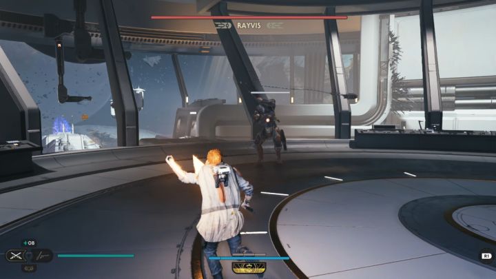 Your task is to deprive Rayvis of his red health bar two times - Jedi Survivor: How to defeat Rayvis (Republic Research Laboratory)? - Bosses - Star Wars Jedi Survivor guide