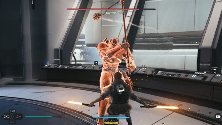 One of the boss's attacks with the chain is a red attack starting with a swing - Jedi Survivor: How to defeat Rayvis (Republic Research Laboratory)? - Bosses - Star Wars Jedi Survivor guide