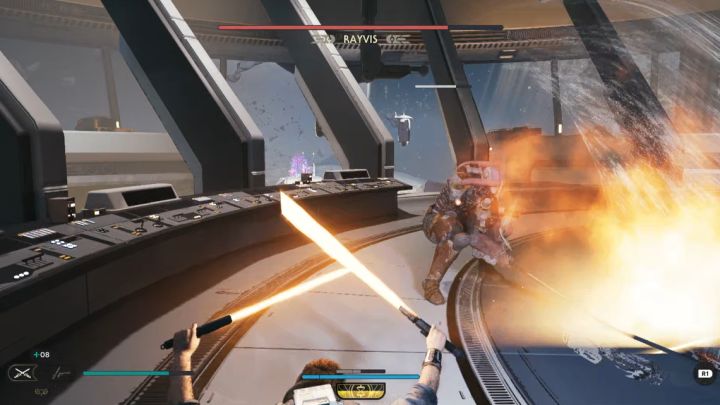 Another red attack of the boss is him slamming the ground creating a shockwave - Jedi Survivor: How to defeat Rayvis (Republic Research Laboratory)? - Bosses - Star Wars Jedi Survivor guide