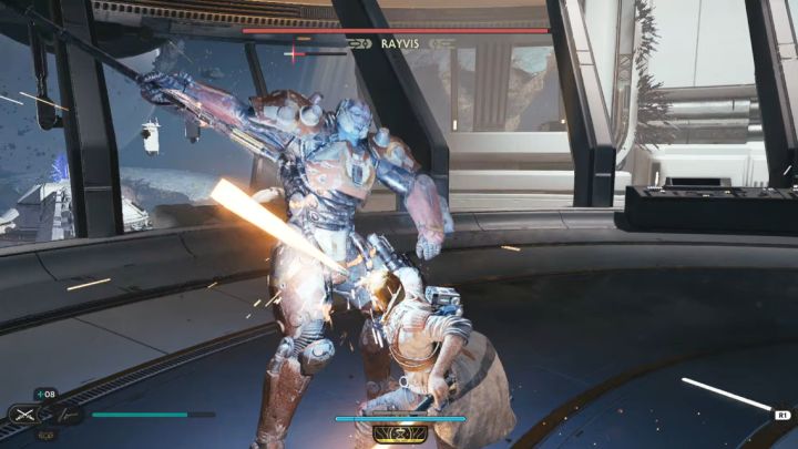During the first phase of the encounter, Rayvis also utilizes normal attack combinations - Jedi Survivor: How to defeat Rayvis (Republic Research Laboratory)? - Bosses - Star Wars Jedi Survivor guide