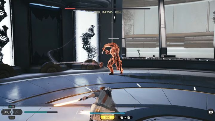 In the second phase, the boss uses combinations more often and the most complex of them is a five-hit combo, ending with a red attack with the chain - Jedi Survivor: How to defeat Rayvis (Republic Research Laboratory)? - Bosses - Star Wars Jedi Survivor guide