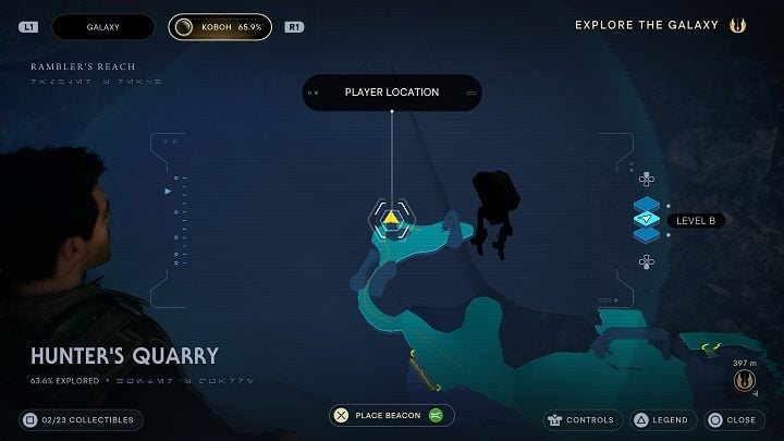 You'll reach a cave inside of which there is another scannable area - after passing through the fissure, turn left - Jedi Survivor: Hunters Quarry - list of secrets - Koboh - Star Wars Jedi Survivor guide