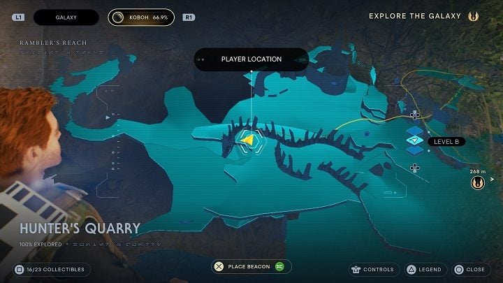 From the location of the Force Tear, once again use the baloons to reach an opposite hill (the one with large bones) - Jedi Survivor: Hunters Quarry - list of secrets - Koboh - Star Wars Jedi Survivor guide