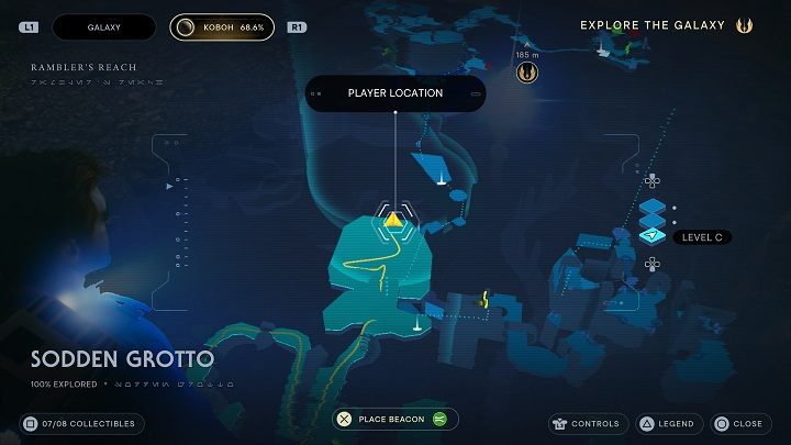 Continue forward and jump down to a large square - Jedi Survivor: Sodden Grotto - list of secrets - Koboh - Star Wars Jedi Survivor guide