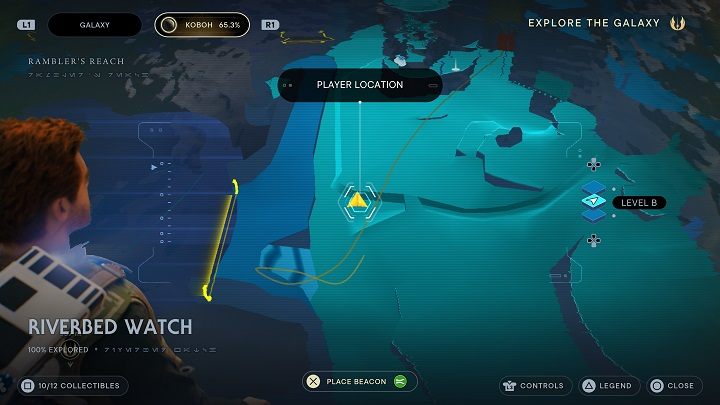 Follow the river until you reach a small islet - there you'l find a burrowing droid - Jedi Survivor: Riverbed Watch - list of secrets - Koboh - Star Wars Jedi Survivor guide