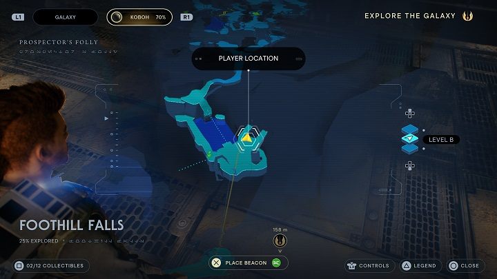 Across from the aforementioned building (or the location where you've come from), there is a cargo elevator that can be scanned - Jedi Survivor: Foothilll Falls - list of secrets - Koboh - Star Wars Jedi Survivor guide