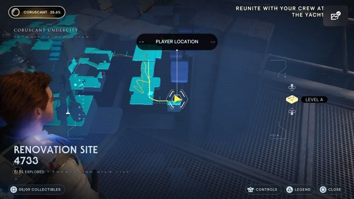 The secret is adjacent to the location where you pass the tutorial on using Slow Mode - Jedi Survivor: Renovation Site 4733 on Coruscant - list of secrets - Coruscant - Star Wars Jedi Survivor guide