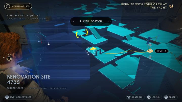 The secret is located in the lower optional area passed on the way to the senator's yacht - Jedi Survivor: Renovation Site 4733 on Coruscant - list of secrets - Coruscant - Star Wars Jedi Survivor guide