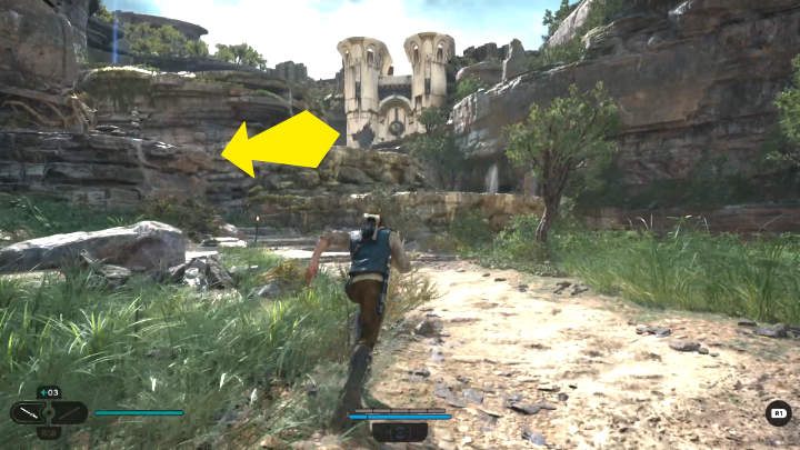 Exit the living room and head toward the white-blue gate visible in the distance - Star Wars Jedi Survivor: The Forest Array - Walkthorugh - Star Wars Jedi Survivor guide