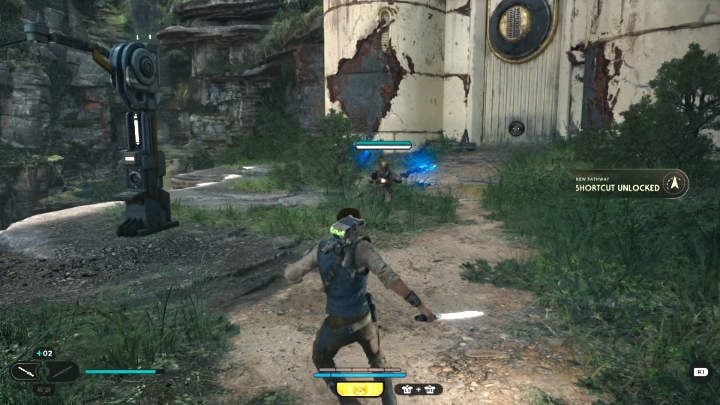 You will eventually find yourself by a meditation point on the other side of the collapsed bridge - Star Wars Jedi Survivor: The Forest Array - Walkthorugh - Star Wars Jedi Survivor guide