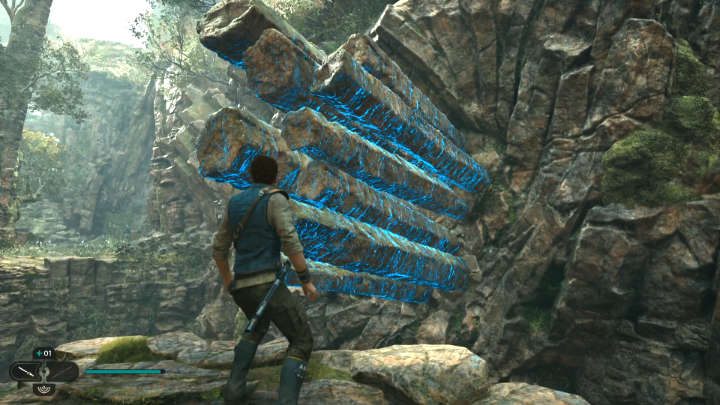 Use Force Push on the obstacle shown in the image above, then order BD-1 to activate the zipline and use it to get to the other side - Star Wars Jedi Survivor: The Forest Array - Walkthorugh - Star Wars Jedi Survivor guide