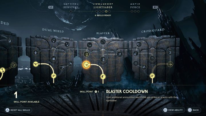 Blaster Cooldown from the Blaster tree - This skill allows you to get more ammunition from enemies by hitting them with your lightsaber - Star Wars Jedi Survivor: Best skills - Basics - Star Wars Jedi Survivor guide