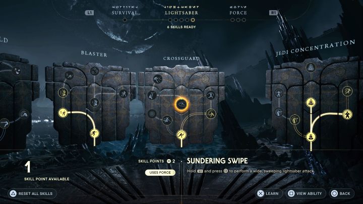 Sundering Swipe from the Crossguard tree - The Crossguard stance is ideal for slow, powerful attacks, and so is this skill - Star Wars Jedi Survivor: Best skills - Basics - Star Wars Jedi Survivor guide