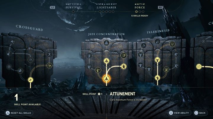 Attunement from the Jedi Concentration tree - There are a total of 3 skills to unlock - Star Wars Jedi Survivor: Best skills - Basics - Star Wars Jedi Survivor guide