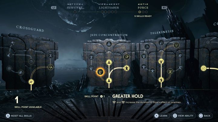 Greater Hold from the Jedi Concentration tree - This skill extends the effect of Slow Mode - Star Wars Jedi Survivor: Best skills - Basics - Star Wars Jedi Survivor guide