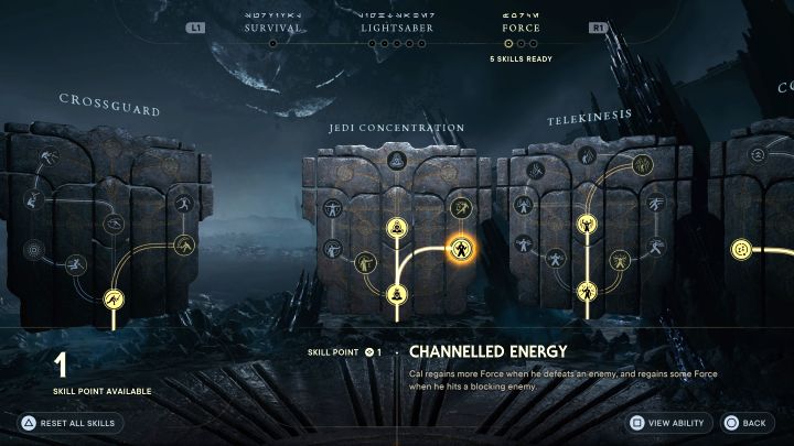 Channeled Energy from the Jedi Concentration tree - This skill improves the Force recovery when attacking enemies (you will get the most points for eliminating them) - Star Wars Jedi Survivor: Best skills - Basics - Star Wars Jedi Survivor guide