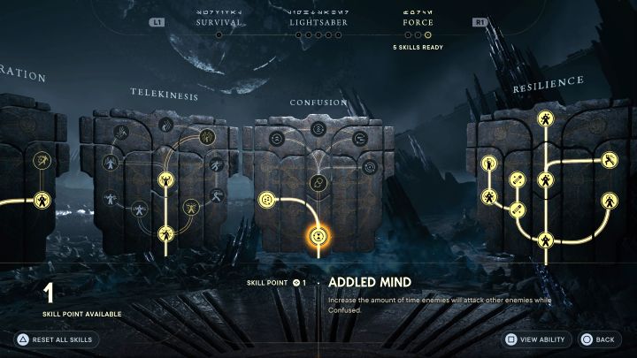 Addled Mind from the Confuse tree - There are a total of 2 skills to unlock, which can prolong the effect of mind control - Star Wars Jedi Survivor: Best skills - Basics - Star Wars Jedi Survivor guide