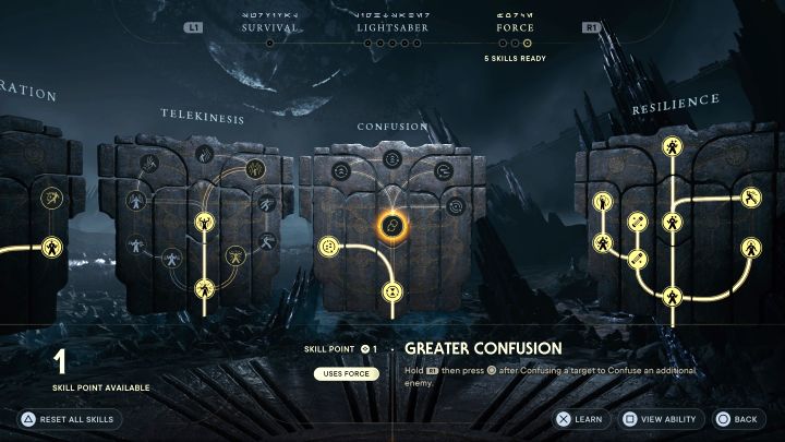 Greater Confusion from the Confuse tree - This skill allows you to use mind control on 2 opponents - Star Wars Jedi Survivor: Best skills - Basics - Star Wars Jedi Survivor guide