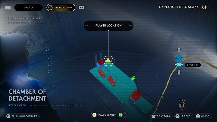 This echo is in the opposite corner of the chamber, against the same wall - Jedi Survivor: Chamber of Detachment - list of secrets - Koboh - Star Wars Jedi Survivor guide