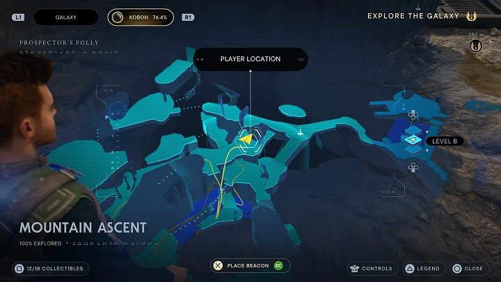 Return to the ledge from which you jumped into the aforementioned cave and head right to a small building - Jedi Survivor: Mountain Ascent - list of secrets - Koboh - Star Wars Jedi Survivor guide