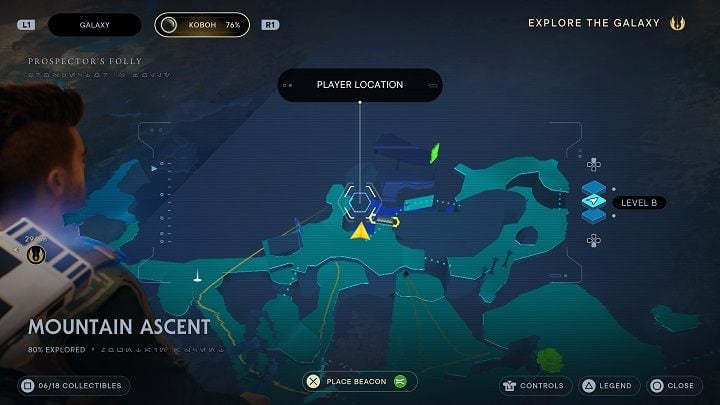 Go back to the place with the green barriers and then head to the right towards the group of enemies - Jedi Survivor: Mountain Ascent - list of secrets - Koboh - Star Wars Jedi Survivor guide