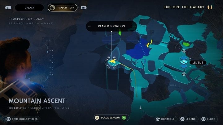 Go forward by jumping over the ledges under the waterfall, and you will reach the first treasure - Jedi Survivor: Mountain Ascent - list of secrets - Koboh - Star Wars Jedi Survivor guide