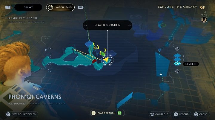 Head down to reach the green barrier - Jedi Survivor: PhonQi Caverns - list of secrets (part 2) - Koboh - Star Wars Jedi Survivor guide