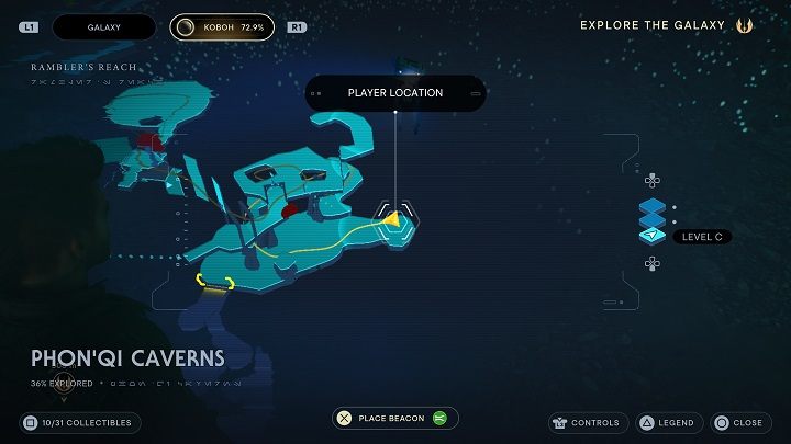 Go back upstairs and locate the boulder under the ceiling (across from the pit that you've just got out of) - drop it with a Slam and it will open a passage to the bottom - Jedi Survivor: PhonQi Caverns - list of secrets (part 1) - Koboh - Star Wars Jedi Survivor guide