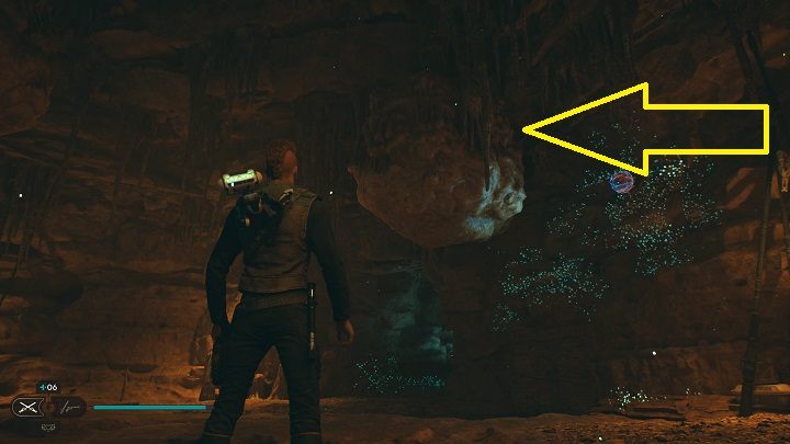 After picking up the previous collectible, look up and you'll see a rock block that you can drop using the Slam skill - Jedi Survivor: PhonQi Caverns - list of secrets (part 1) - Koboh - Star Wars Jedi Survivor guide