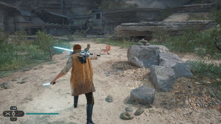 After you get close enough to the scavenger droid, throw your lightsaber at it - Star Wars Jedi Survivor: How to catch a scavenger droid? - Explore - Star Wars Jedi Survivor guide