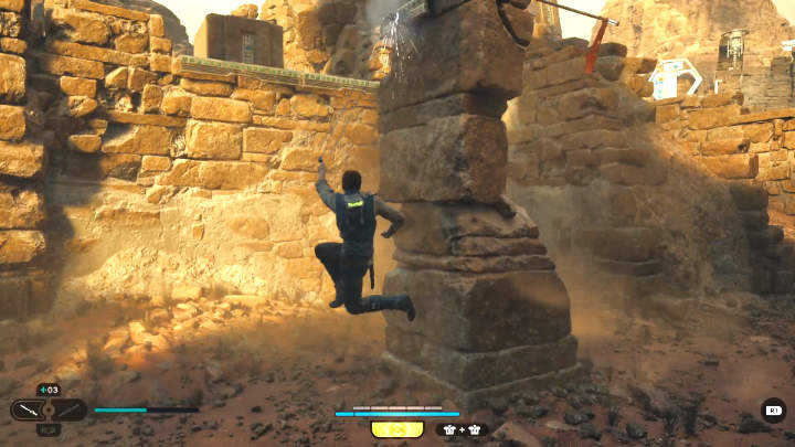 Continue through the ruins and you'll reach an area where you need to leave the sandy ground as fast as you can to not get eaten - Star Wars Jedi Survivor: Meet Cere on Jedha - Walkthorugh - Star Wars Jedi Survivor guide