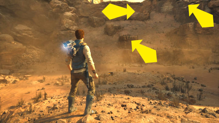 After landing on Jedha, jump between platforms on the left, then do a wall run and slide down to the platform on the right - Star Wars Jedi Survivor: Meet Cere on Jedha - Walkthorugh - Star Wars Jedi Survivor guide