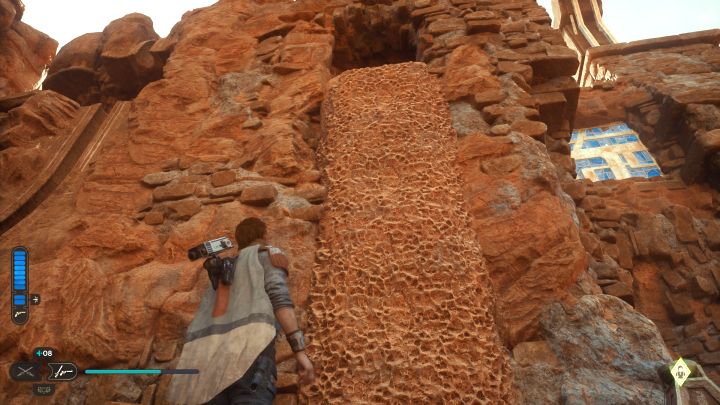 On the right, you can now climb a vertical wall and reach an opening in the upper part of the ruins - Jedi Survivor: Path of Restoration (Jedha) - puzzles - Puzzles - Star Wars Jedi Survivor guide