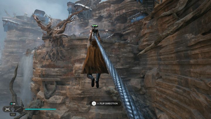 The path from the Rambler's Reach Outpost to the main part of the Foothills Falls involves the use of a rope - ride it to a higher ledge - Jedi Survivor: Reaching the Caves of PhonQi on Koboh - Puzzles - Star Wars Jedi Survivor guide