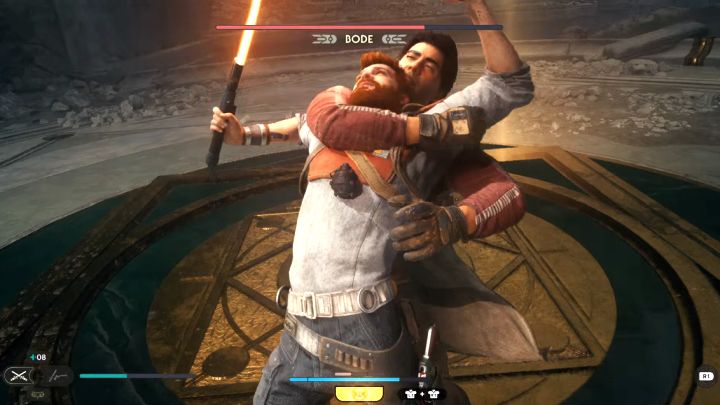 Another difficult-to-avoid red attack is a grabbing attempt - if successful, Bode can place an explosive on Cal's chest - Jedi Survivor: How to defeat the final boss - Bode Akuna? - Bosses - Star Wars Jedi Survivor guide